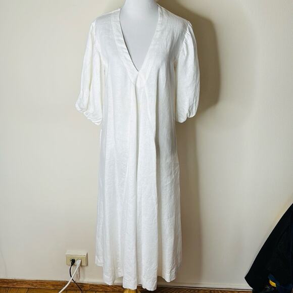 LJC Designs White Linen Charlotte Balloon Sleeve Midi Dress - Picture 2 of 10